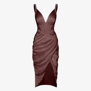 Silky Pleated Draped Bustier Corset-style Midi Dress - Deep Coffee